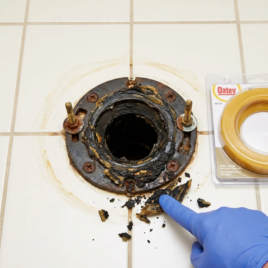 Failed wax ring showing water seepage at the base of a toilet in a Saint Charles, MI home