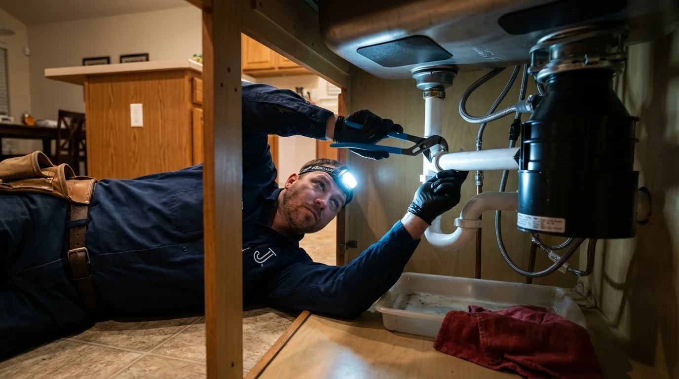 P-trap and supply line connections under a kitchen sink showing a common leak point in Saint Charles, MI